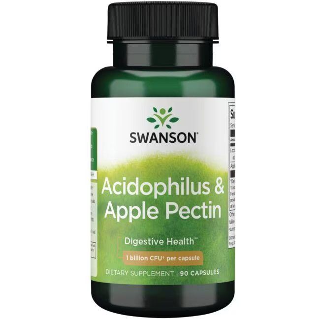 Grüne Flasche mit schwarzem Deckel. Aufschrift: SWANSON Acidophilus & Apfel Pektin. 90 Kapseln. Verdauungsgesundheit.