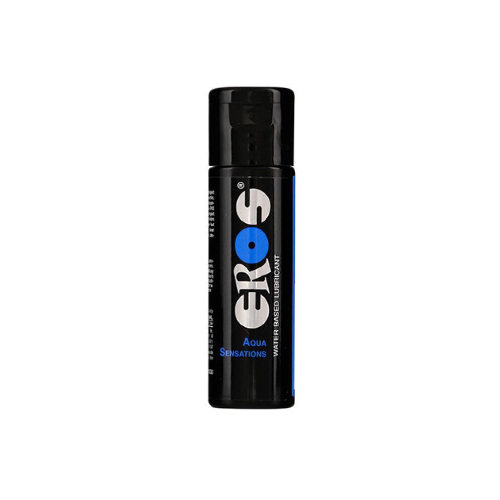 Schwarze Flasche mit blauem Etikett. Aufschrift: EROS, Aqua Sensations, Water Based Lubricant.