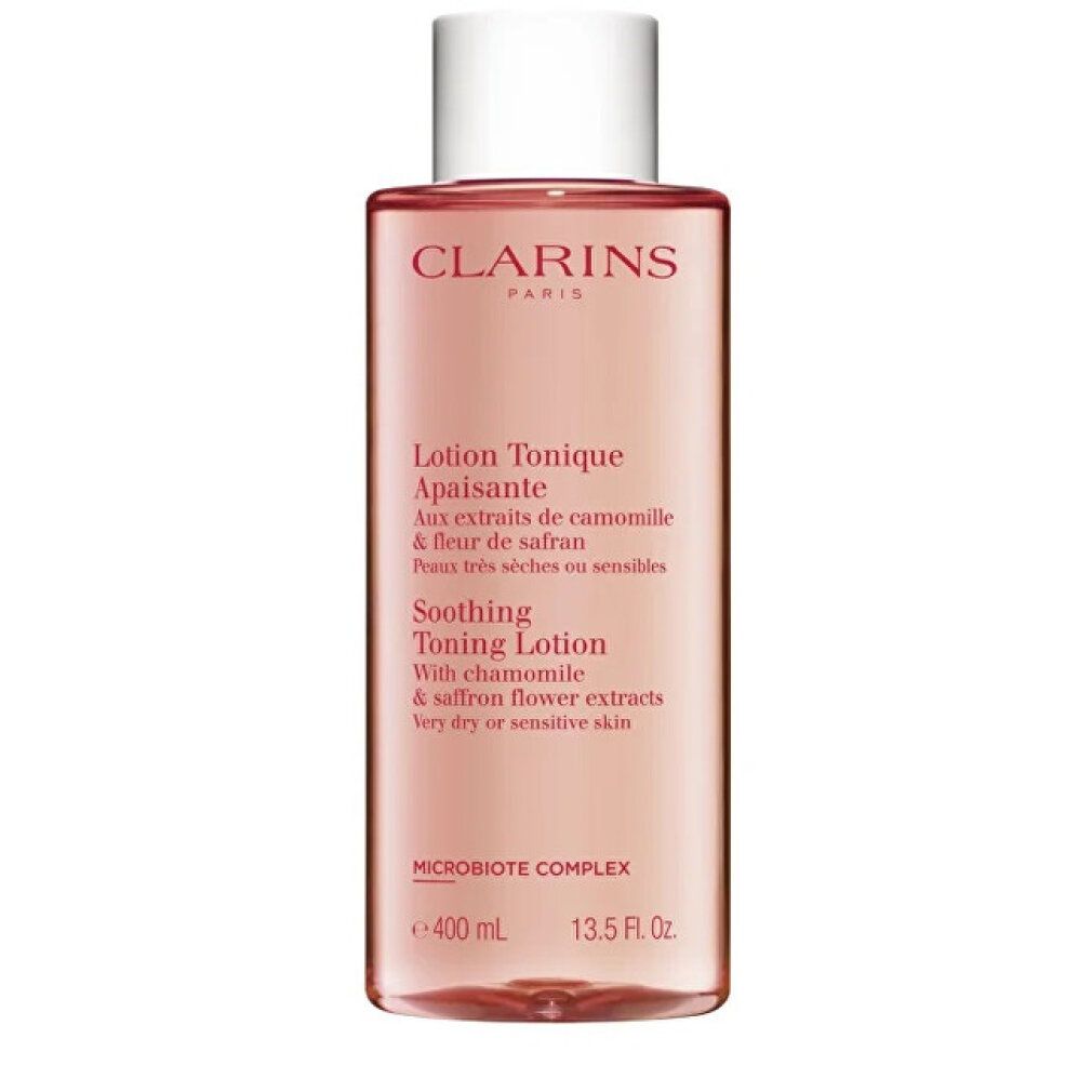 Rosa Flasche mit weißem Deckel. Beschriftung: CLARINS, Lotion Tonique Apaisante, 400 ml, 13.5 Fl. Oz. Text in Französisch und Englisch.