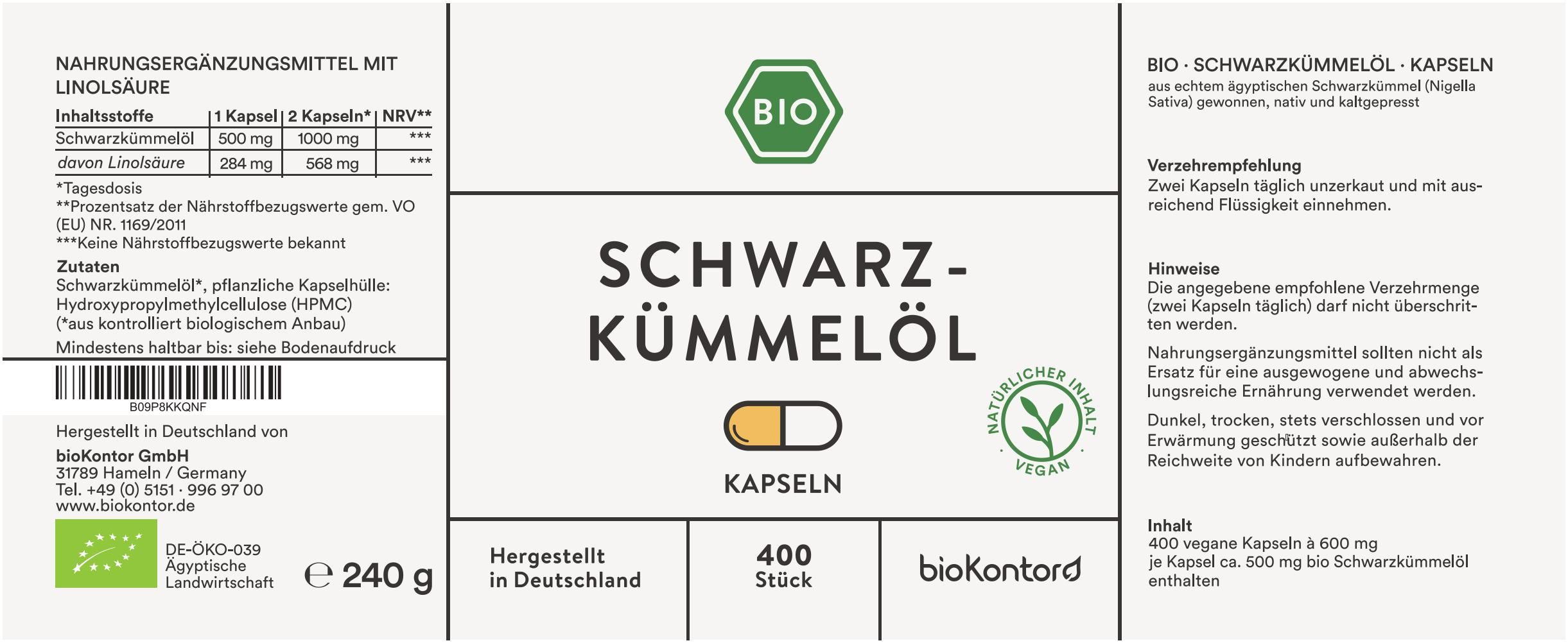 Etikett mit Informationen zu Schwarzkümmelöl Kapseln. Enthält Nährwertangaben, Zutaten, und Herstellerinformationen.