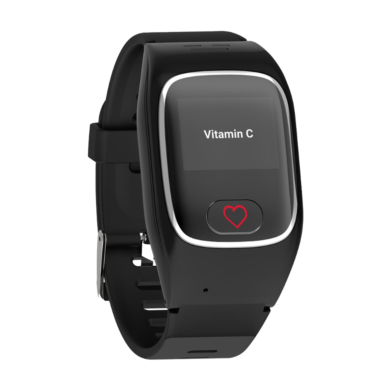 Schwarze Smartwatch zeigt 'Vitamin C' auf dem Display.