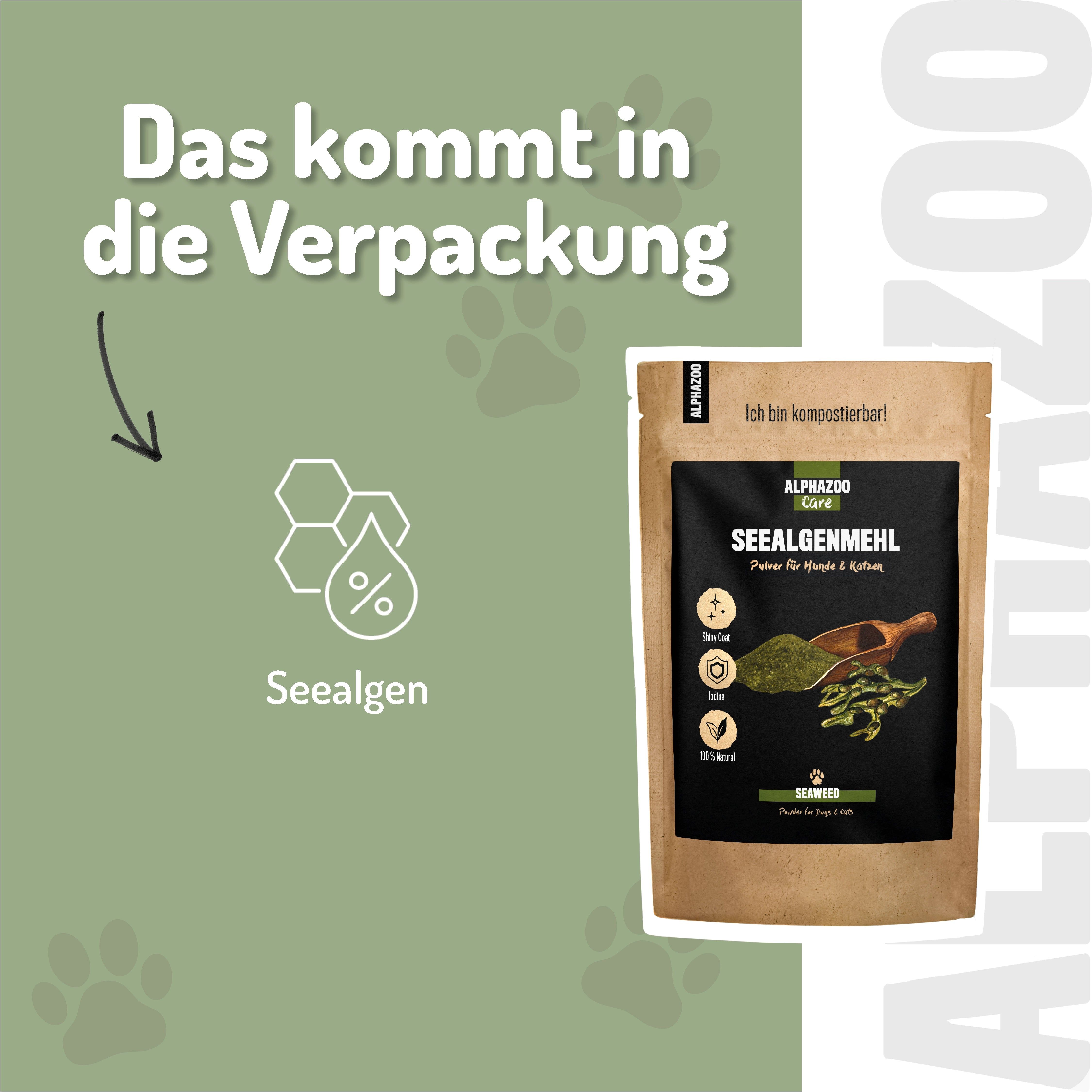 Produktverpackung mit Text: Seealgenmehl. Illustrationen von Algen und Löffel. Text: Ich bin kompostierbar! Verpackung mit Pfoten.