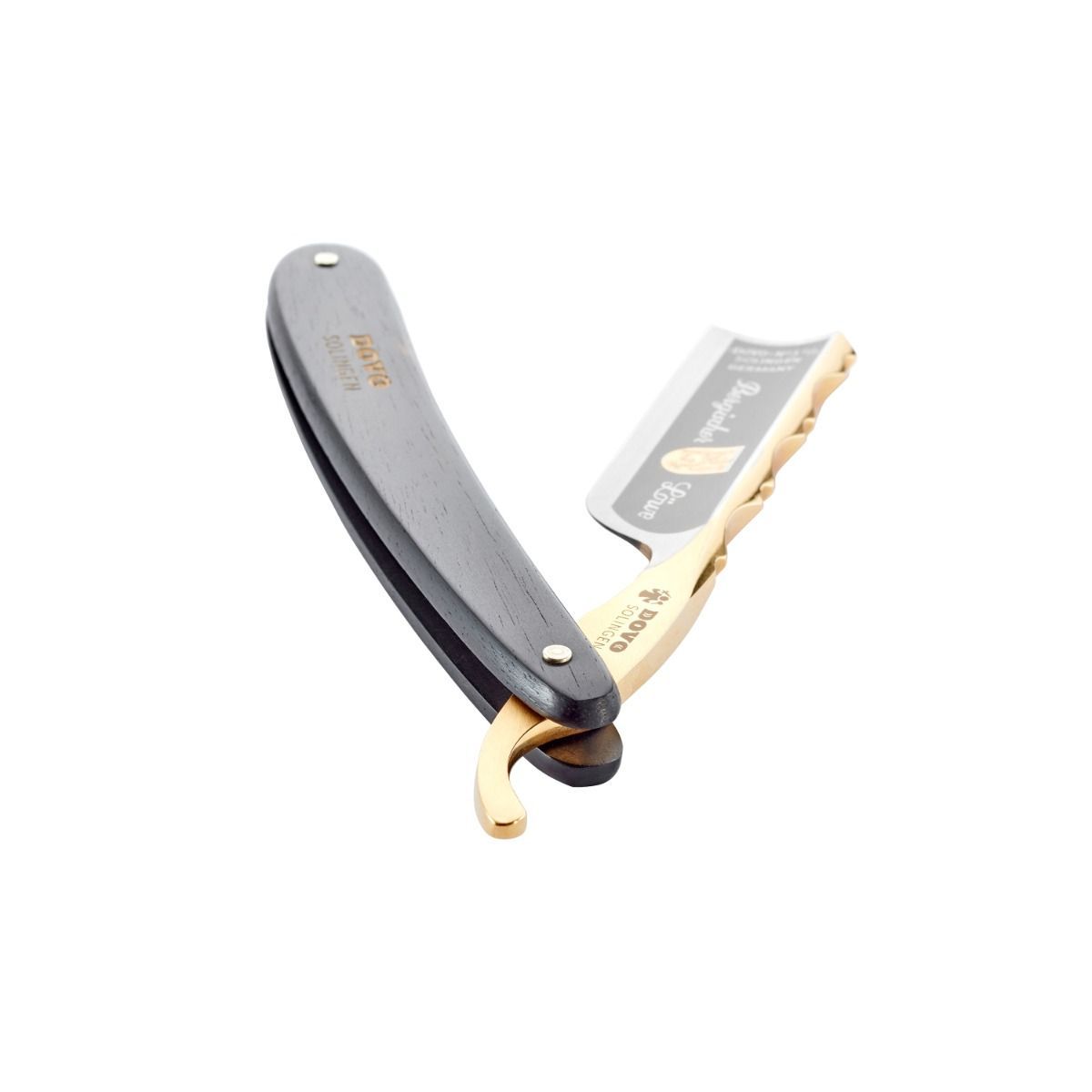 Rasiermesser mit geöffneter Klinge. Goldfarbene Klinge mit Schriftzug 'Bergischer Löwe' und 'DOVO'. Schwarzer Griff.