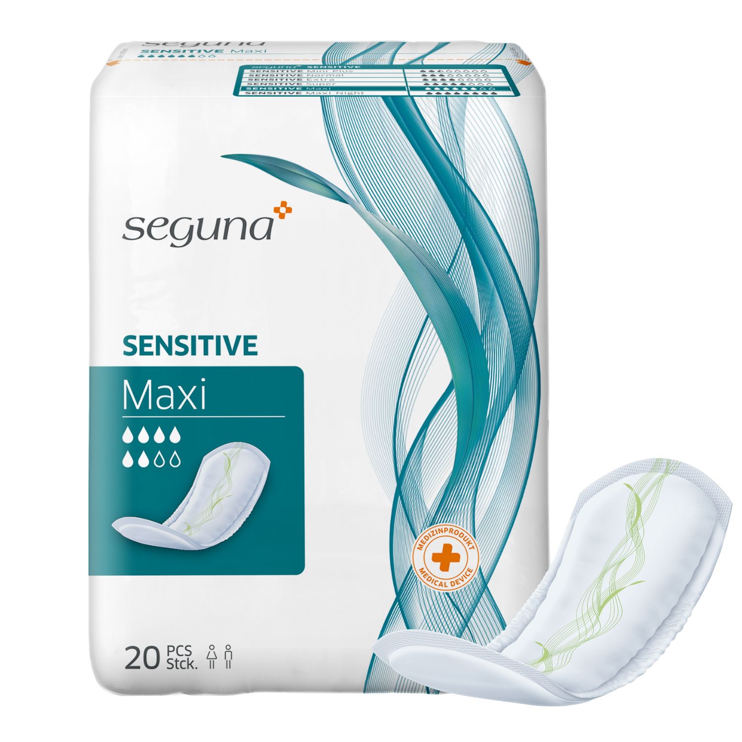 Verpackung von SEGUNA Sensitive Maxi. Enthält 20 Stück. Produkt und Verpackung zeigen das Logo und Produktbezeichnung.