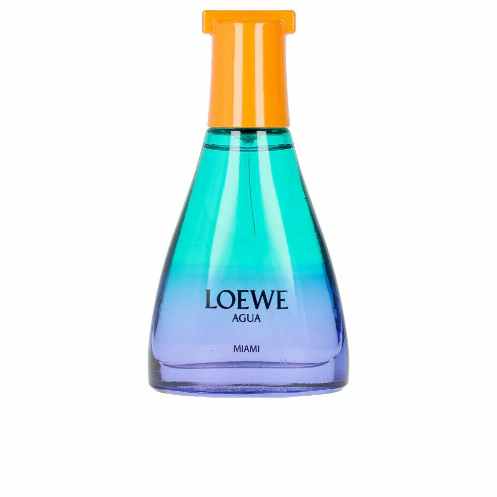 Flasche mit Farbverlauf von Blau zu Grün. Orangefarbener Verschluss. Aufschrift: LOEWE AGUA MIAMI.