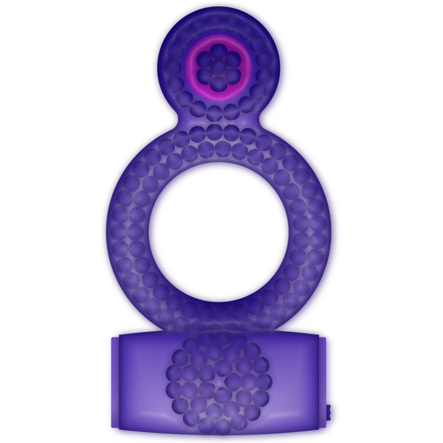 Lila Penisring mit Vibration. Ringförmig mit Noppen und vibrierenden Elementen.
