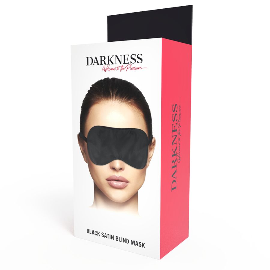 Verpackung für eine schwarze Satin-Schlafmaske mit Produktabbildung und Markenschriftzug.