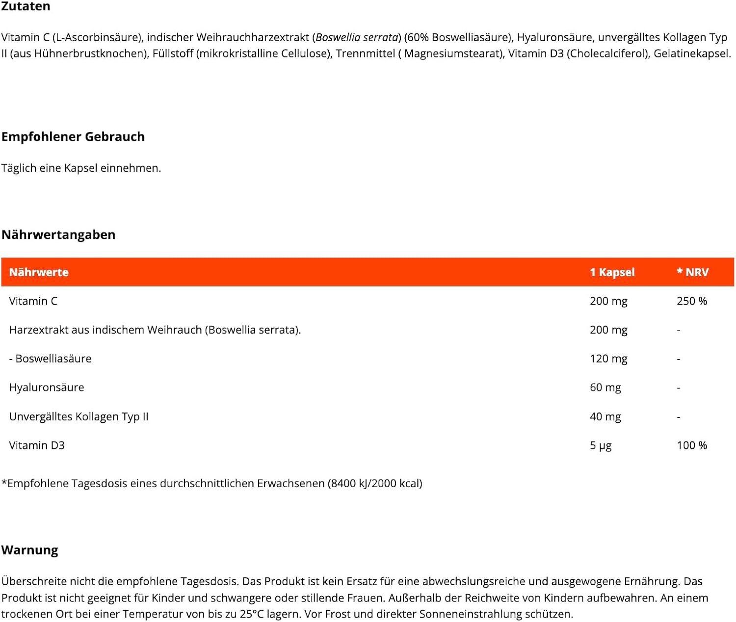Nährwertangaben für GymBeam Kollagen Typ II: Vitamin C, Boswellia, Hyaluronsäure, Kollagen, Vitamin D3.