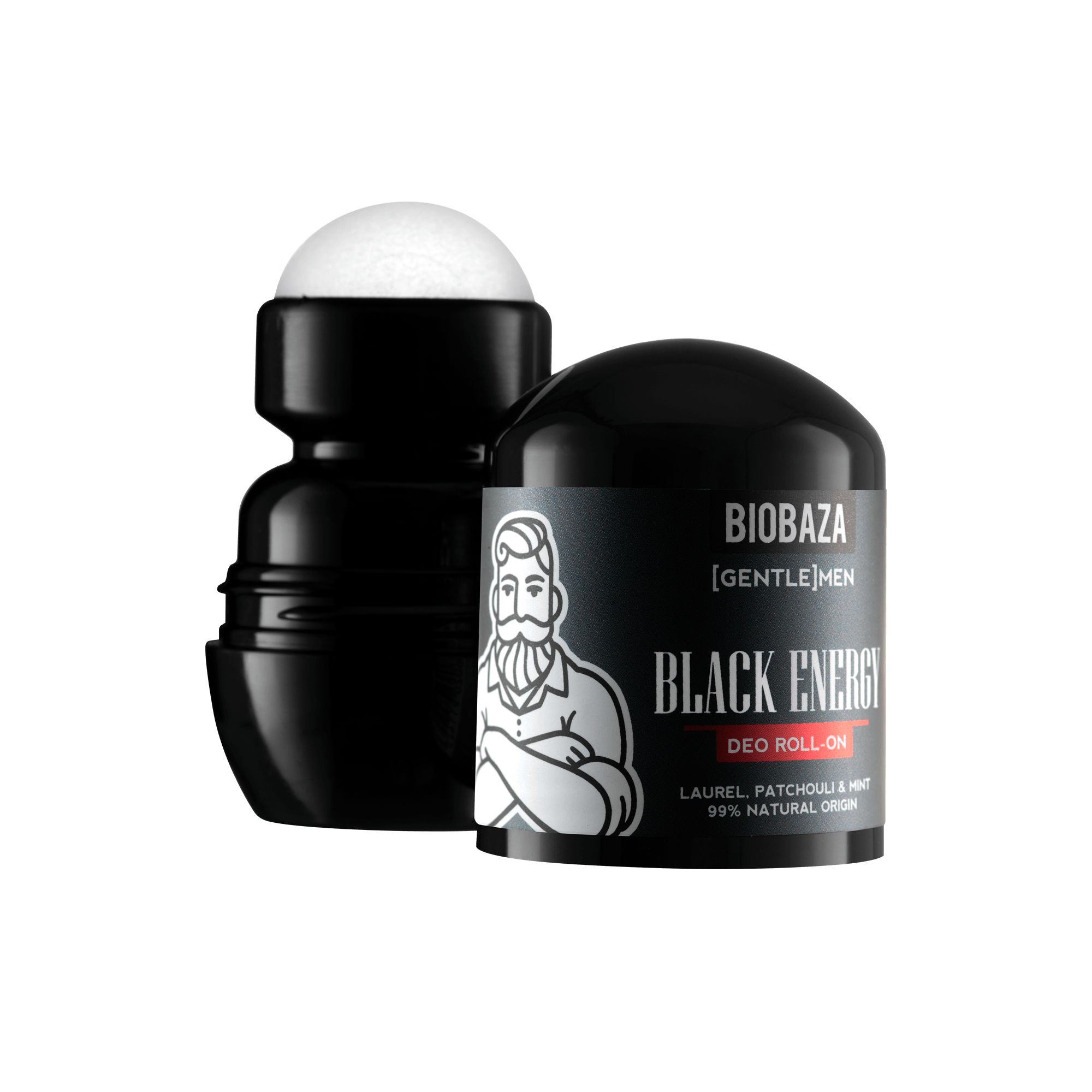 Schwarzer Deo Roll-On mit weißem Rollkopf. Aufschrift: BIOBAZA [GENTLE MEN] BLACK ENERGY DEO ROLL-ON.