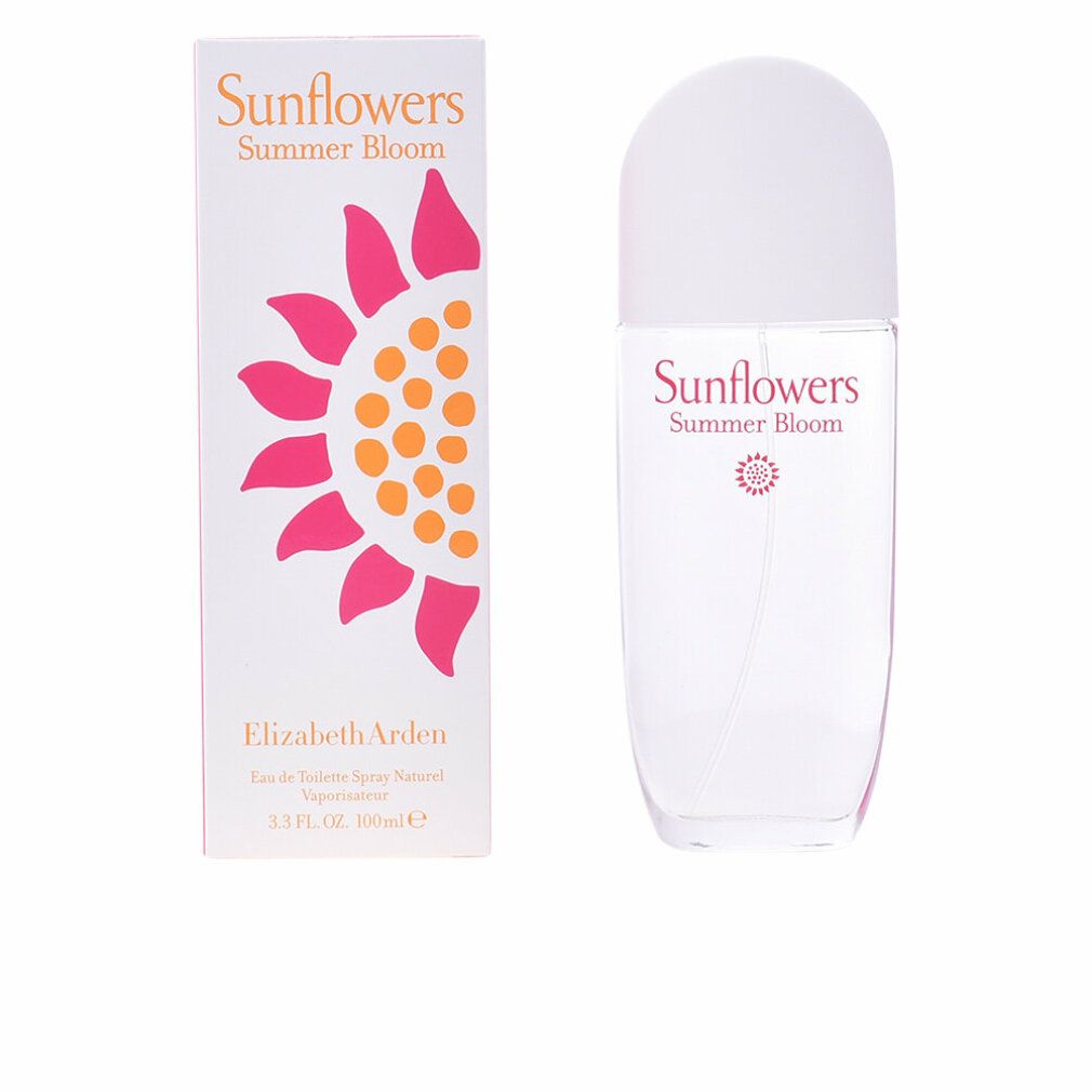 Sunflowers Summer Bloom Flakon und Verpackung. Transparenter Flakon mit weißem Deckel. Verpackung mit Sonnenblumen-Design.