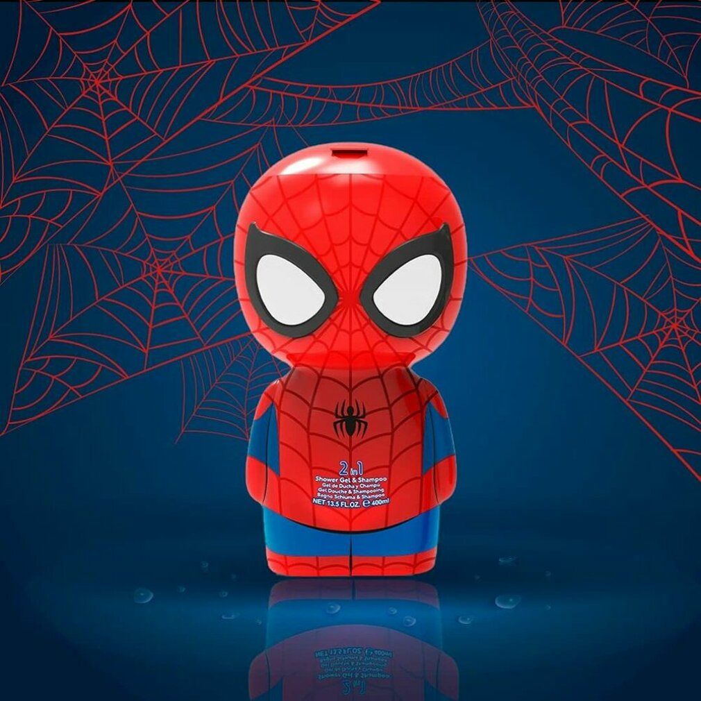 Rote Spiderman-Flasche, 2-in-1 Duschgel & Shampoo. Spiderman-Gesicht mit Augen, Spinnennetz-Design, blaue Akzente. Hintergrund mit Spinnennetz.