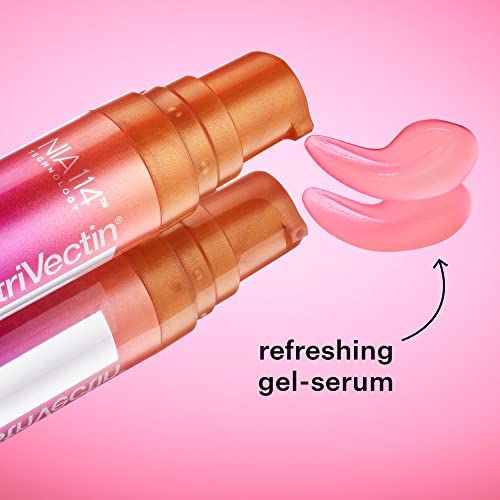 Zwei Flaschen mit orangefarbenen Deckeln und rosa Serum. Text: erfrischendes Gel-Serum.