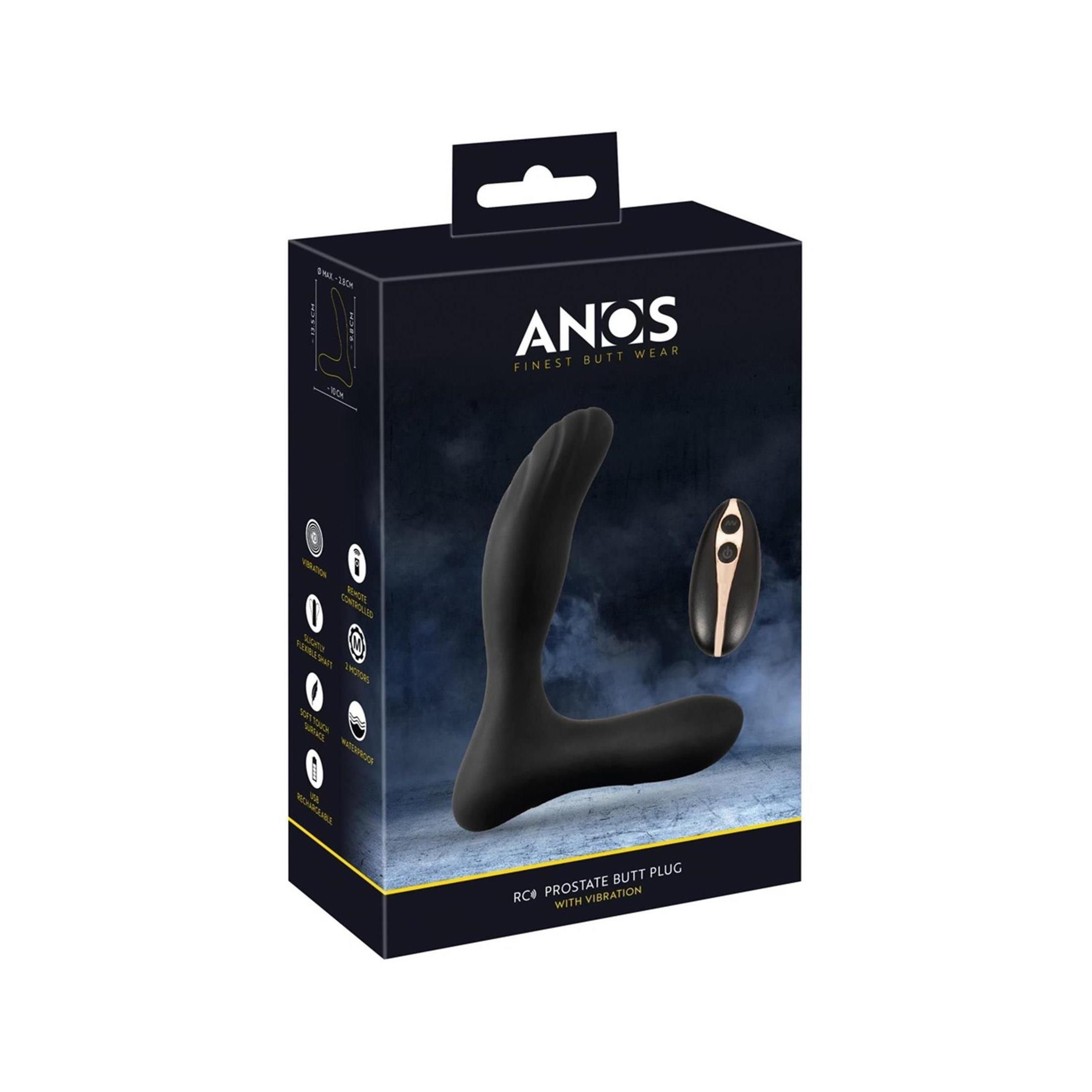 Verpackung des ANOS RC Prostate Butt Plug mit Vibration, schwarzer Butt Plug und Fernbedienung.