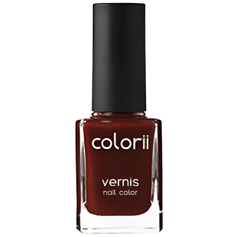 Nagellackflasche mit brauner Farbe und schwarzem Deckel. Aufschrift: colorii, vernis, nail color.