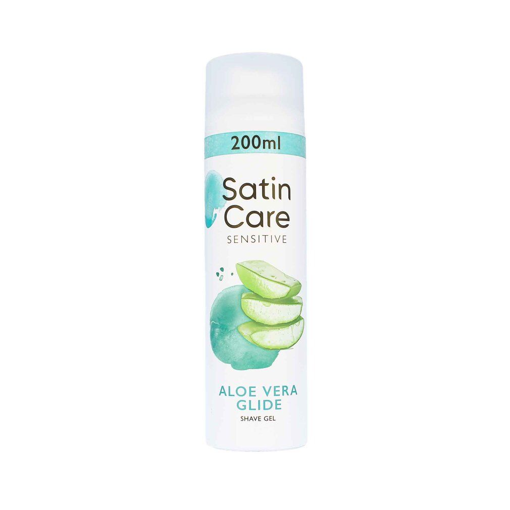 Satin Care Rasiergel. Dose mit weißem Deckel. Text: "200ml", "Aloe Vera Glide" und "Shave Gel". Abbildung von Aloe Vera.