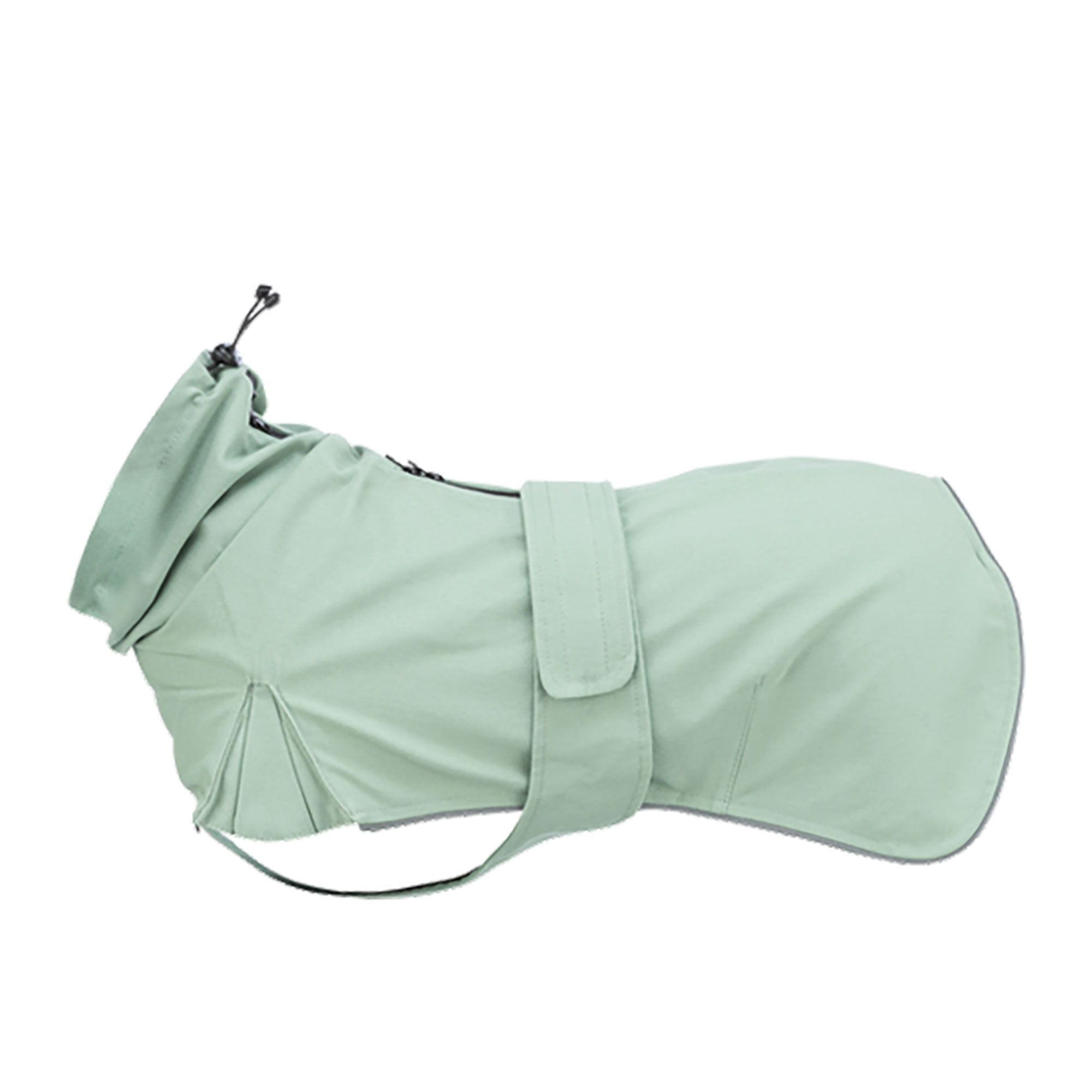 Hellgrüner Hunderegenmantel mit Kapuze und Reflektoren. Nahaufnahme.