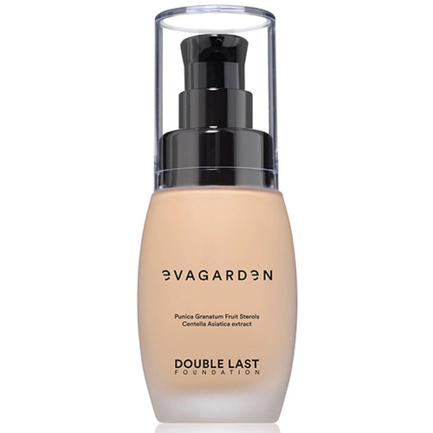 Beige Foundation-Flasche mit schwarzem Pumpverschluss. Schriftzug: evagarden, DOUBLE LAST FOUNDATION.