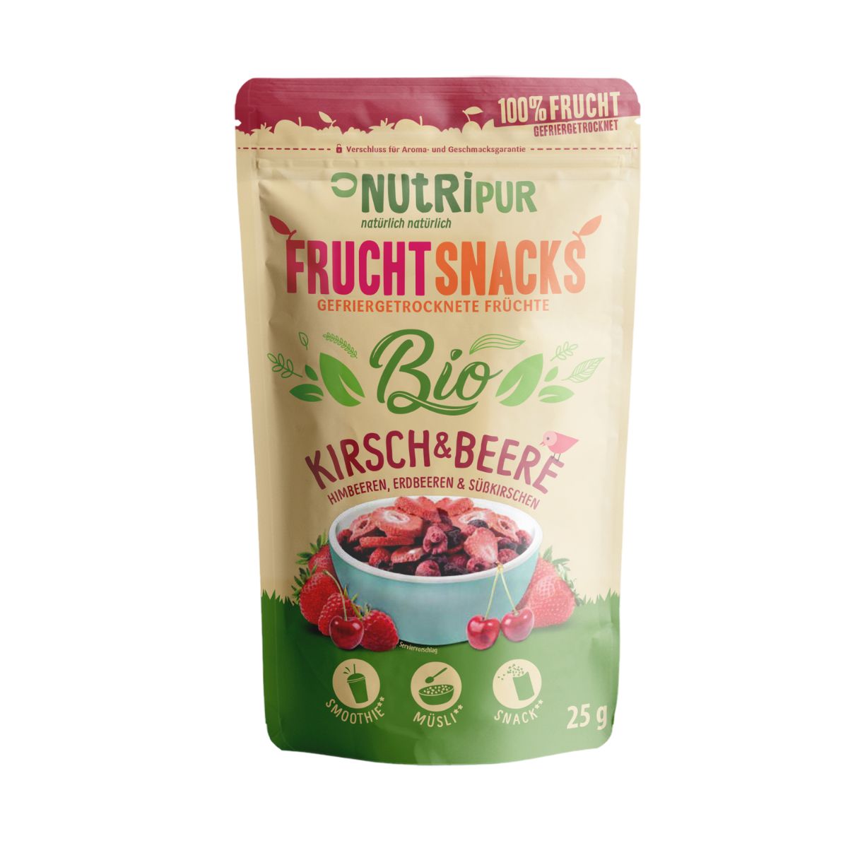 Beutel mit gefriergetrockneten Kirschen und Beeren. Aufschrift: NutriPur, Bio, Fruchtsnacks. 25g. Smoothie, Müsli, Snack-Symbole.