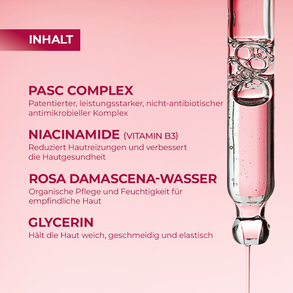 Nahaufnahme einer Pipette. Text: PASC Complex, Niacinamid, Rosa Damascena-Wasser, Glycerin. Inhaltsstoffe für die Haut.