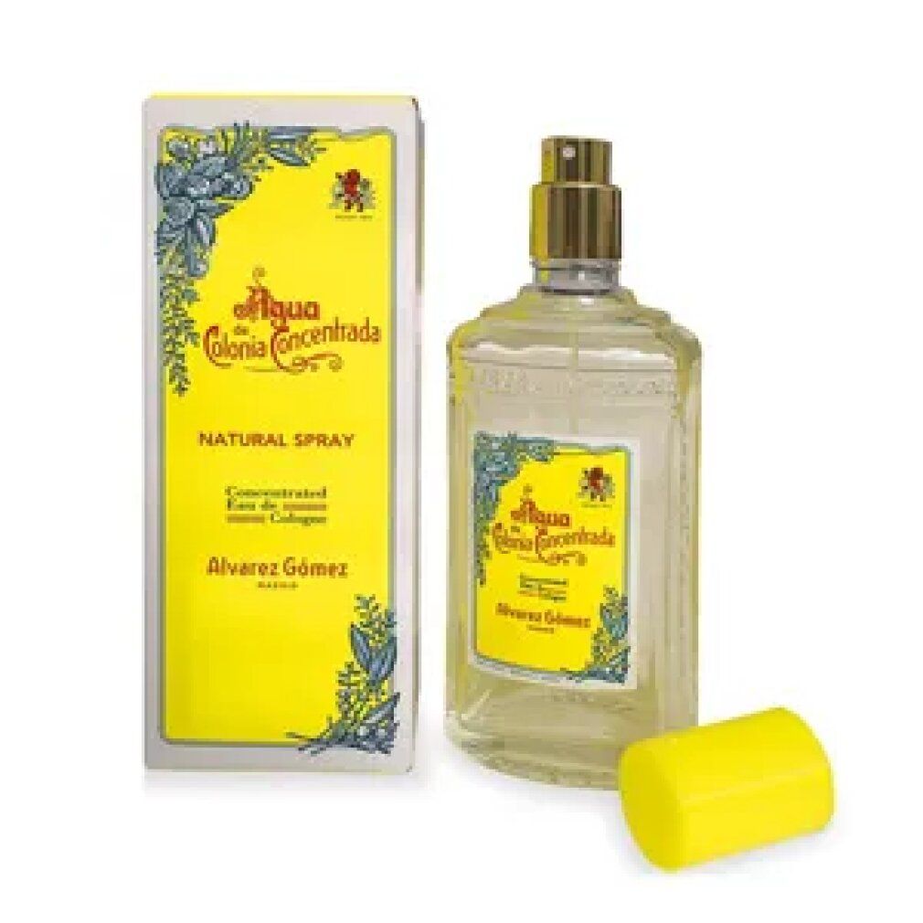 Glasflasche mit gelbem Verschluss und Umverpackung, Alvarez Gómez Agua de Colonia Concentrada.