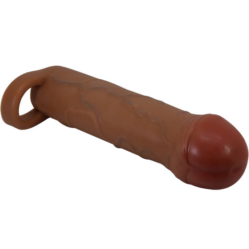 Penis-Sleeve aus braunem Material. Mit Ring und strukturierter Oberfläche. Spitze in dunklerem Braun.