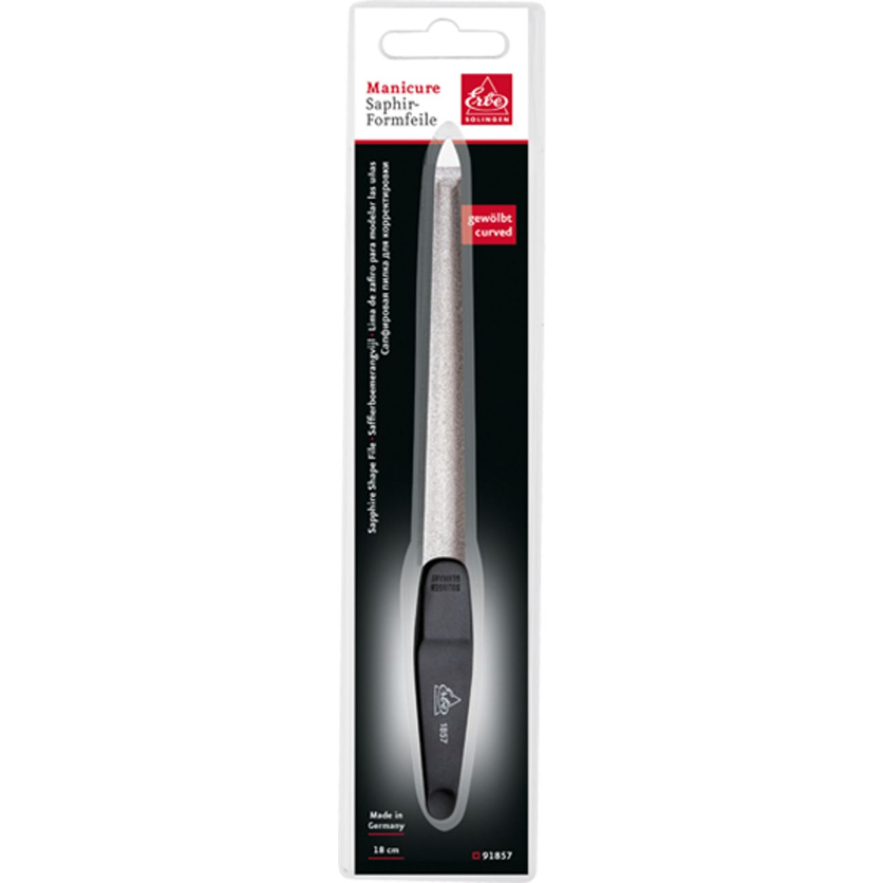 Verchromte Saphir-Nagelfeile mit Griff, spitz, grob/fein, 18 cm, in Verpackung.