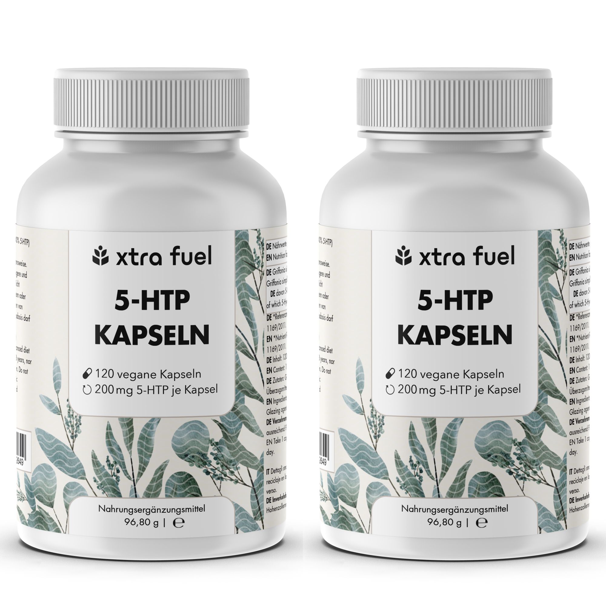 Zwei weiße Flaschen mit Kapseln. Aufschrift: XTRA FUEL 5-HTP KAPSELN, 120 vegane Kapseln, 200mg 5-HTP je Kapsel.