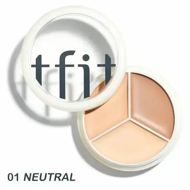 Runde Concealer-Palette mit drei Farbtönen. 'tfit'-Logo und '01 Neutral' beschriftet. Weißer Behälter.