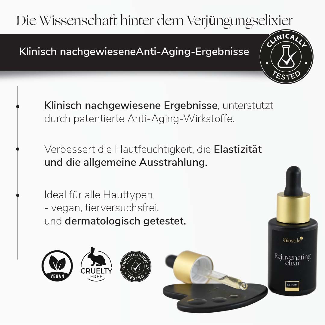 Biostile Rejuvenating Elixir Serum, mit Siegeln für Vegan, Cruelty-Free und Dermatologisch getestet.