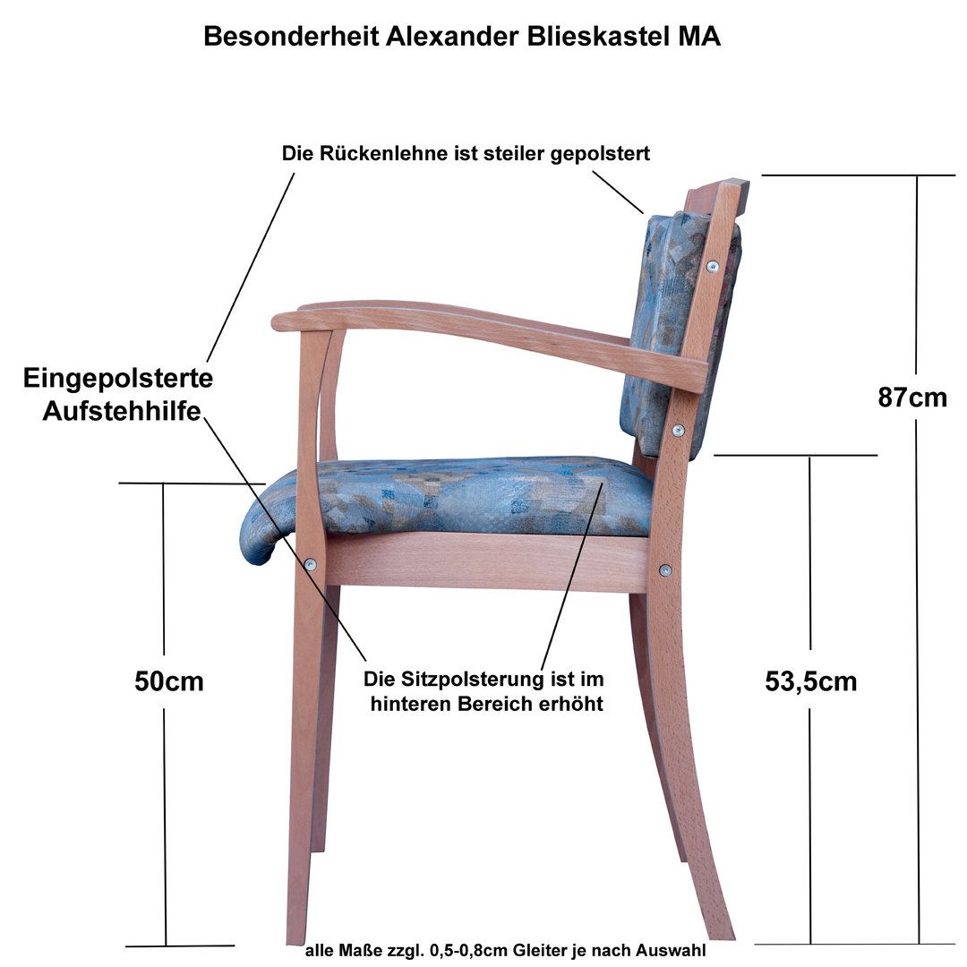 Seitenansicht eines Stuhls mit Armlehnen. Der Stuhl hat eine gepolsterte Rückenlehne und Sitzfläche. Maße: 87cm hoch, 50cm Sitzhöhe, 53,5cm tief.