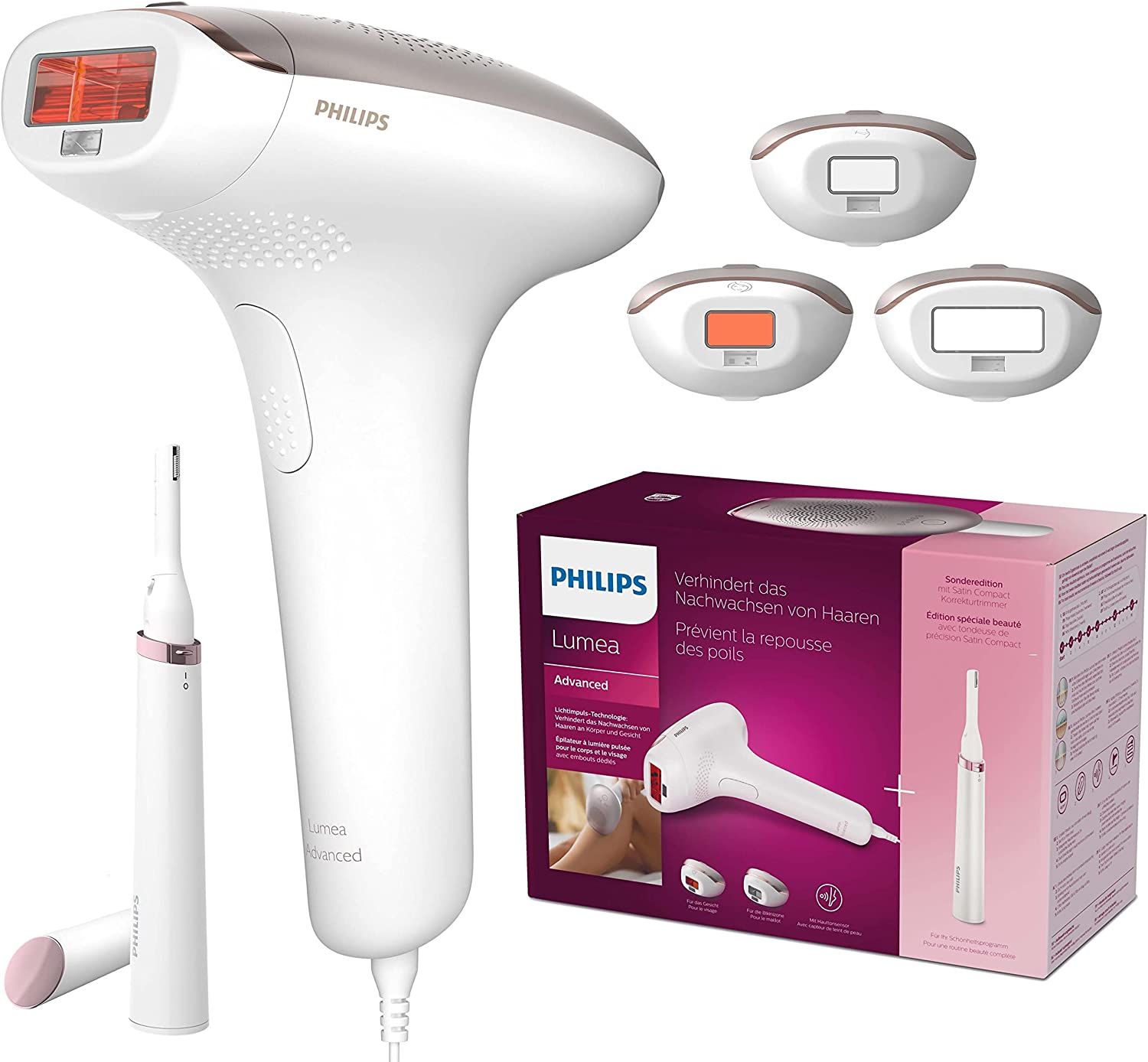 IPL-Haarentfernungsgerät mit 3 Aufsätzen und Korrekturtrimmer. Weißes Gerät, rosa Verpackung mit Produktabbildung.