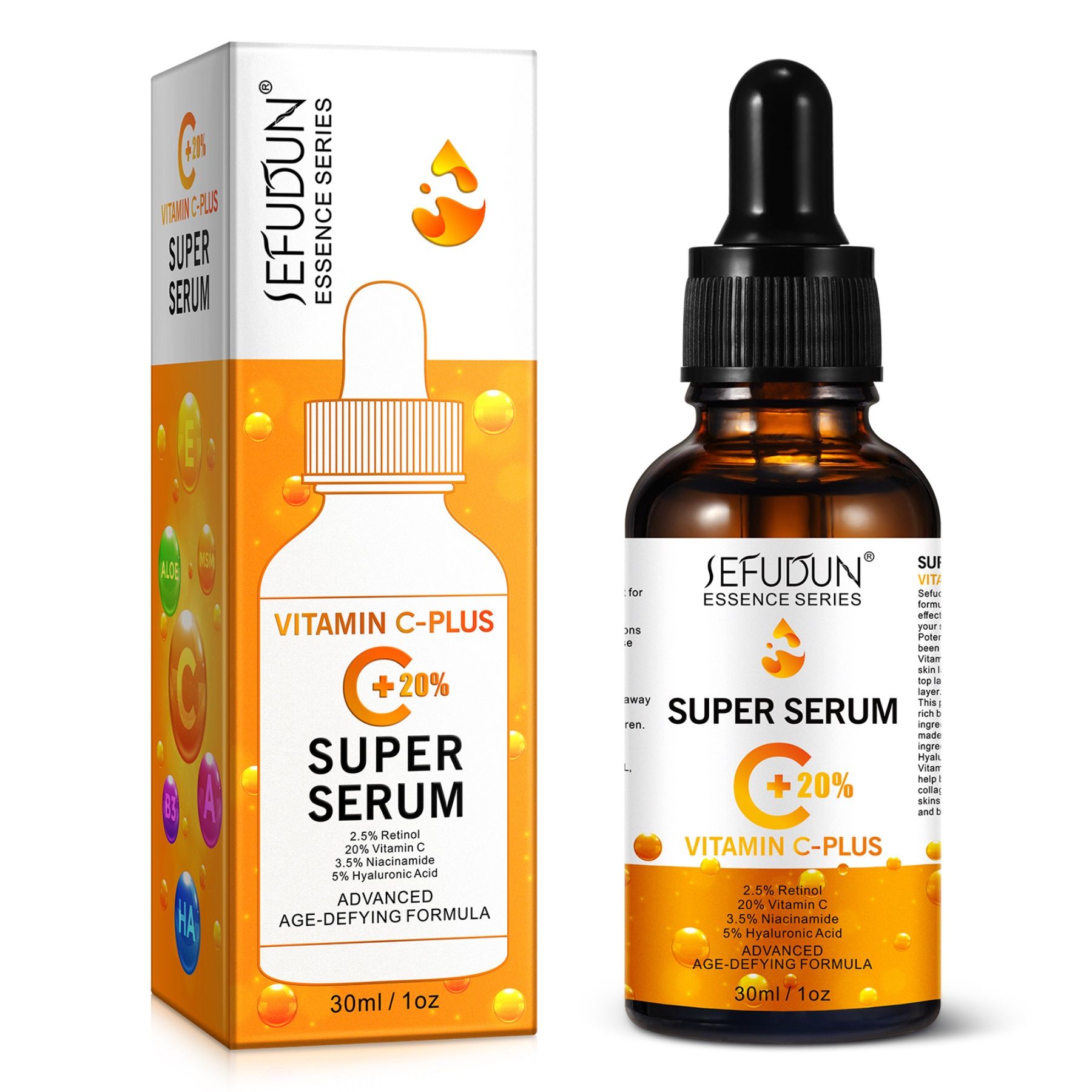 Braune Glasflasche mit schwarzer Pipette und Produktverpackung. Aufschrift: Vitamin C-Plus Super Serum, 20% Vitamin C.