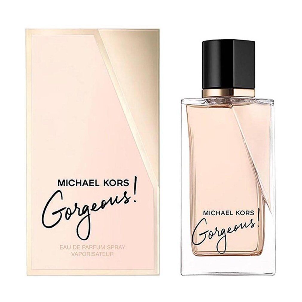 Parfümflasche und Verpackung. Aufschrift: MICHAEL KORS Gorgeous!. Flasche und Verpackung in Rosa- und Goldtönen.