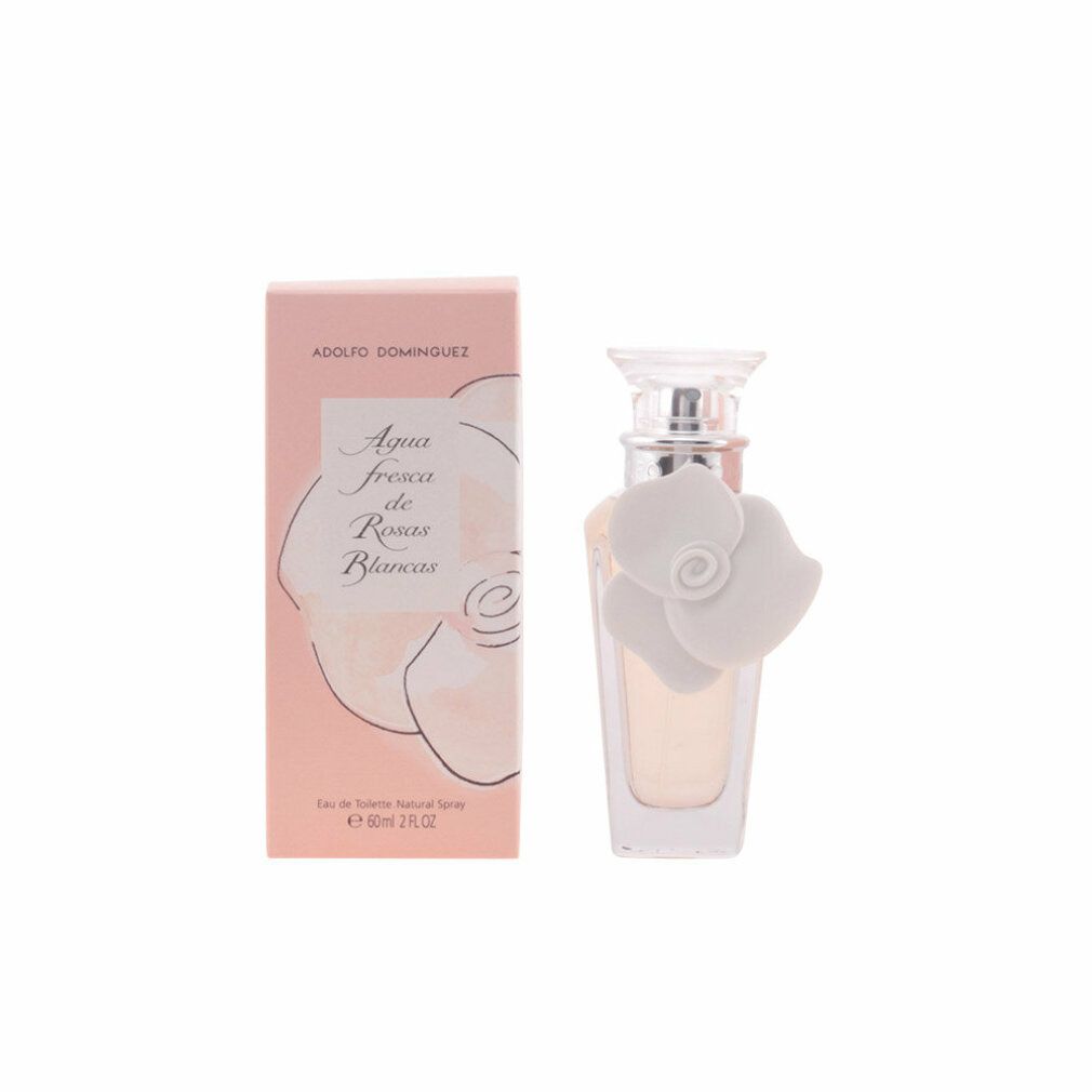 Parfümflasche und Karton. Flasche mit weißer Blume. Karton mit Produktnamen und Rosenmotiv.