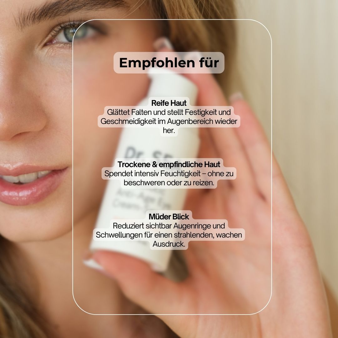 Frau hält weiße Flasche mit Dr. SEA, Anti-Aging Augencreme-Serum. Präbiotika & Biotin. Auf weißem Hintergrund.