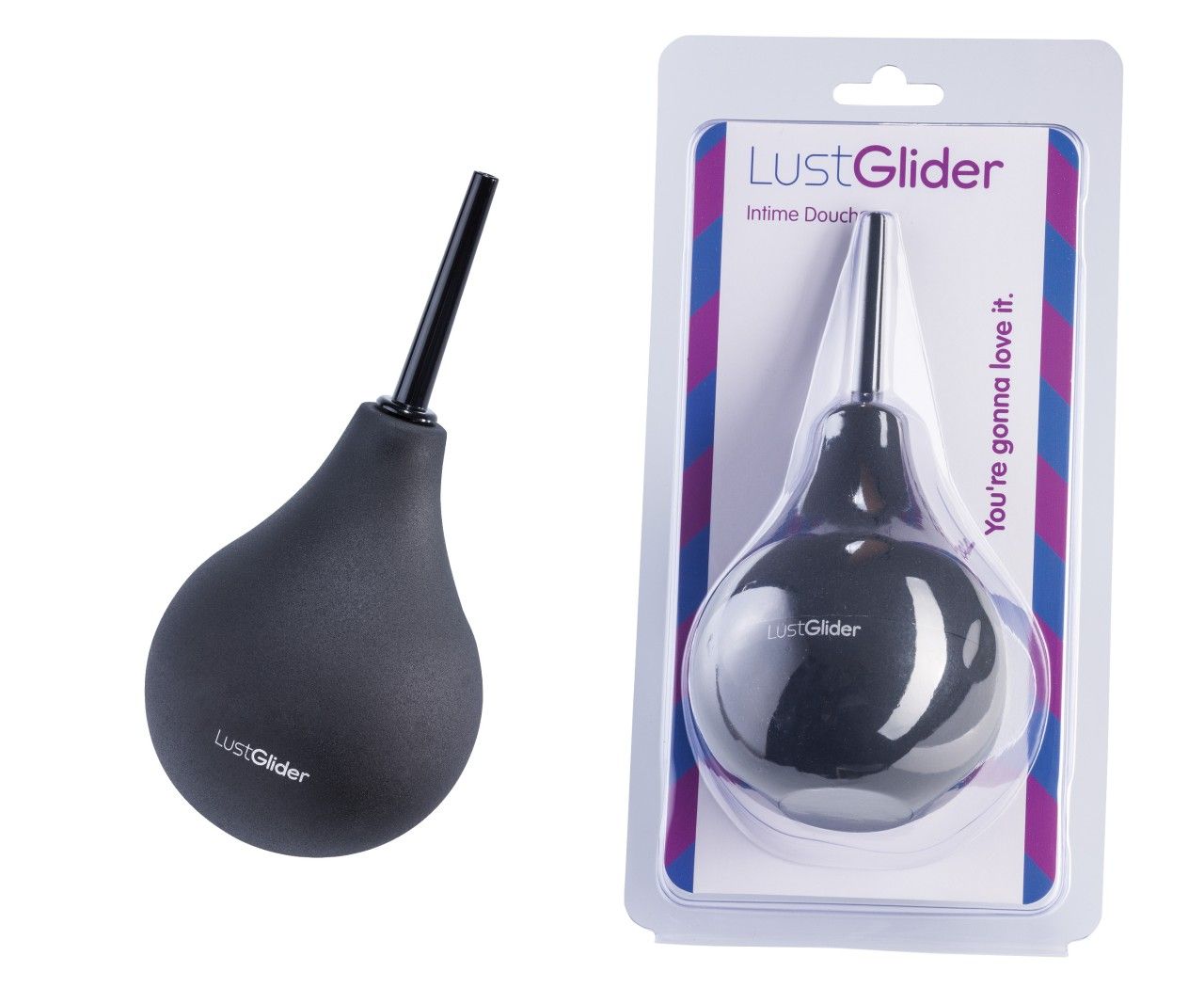 LustGlider Intimdusche in Blisterverpackung, zeigt das Produkt und die Verpackung.