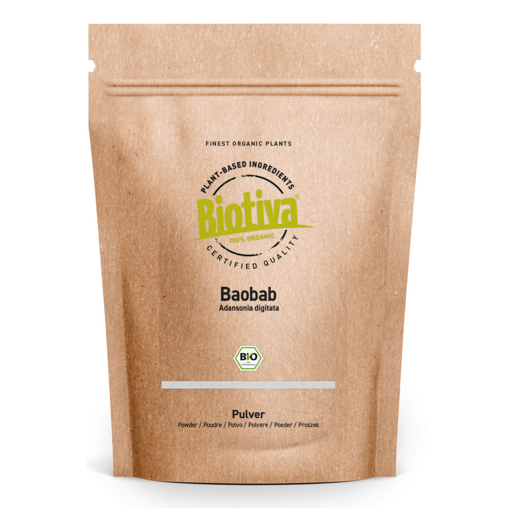 Braune Tüte mit Biotiva-Logo. Text: Baobab Pulver, Bio-Siegel. Produktbezeichnung in mehreren Sprachen.