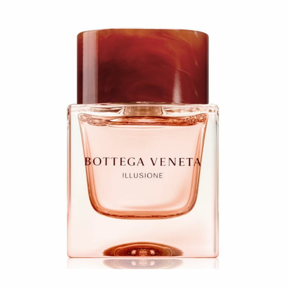 Bottega Veneta Illusione Eau de Parfum. Rechteckiger Flakon mit braunem Deckel. Rosa Flüssigkeit.