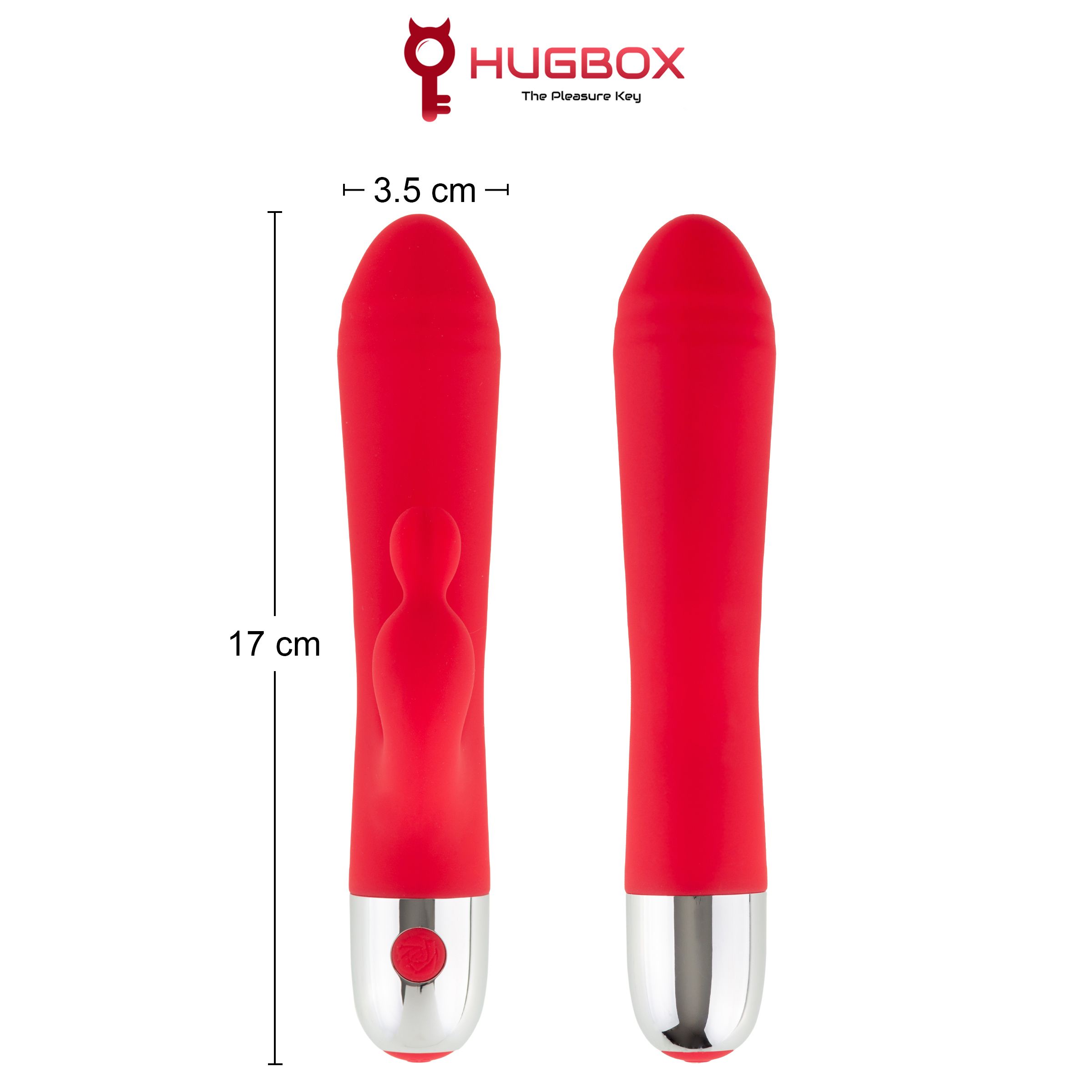 Roter Vibrator, Ansicht von vorne und hinten. Maße: 17 cm Länge, 3,5 cm Breite. Logo: HUGBOX The Pleasure Key.