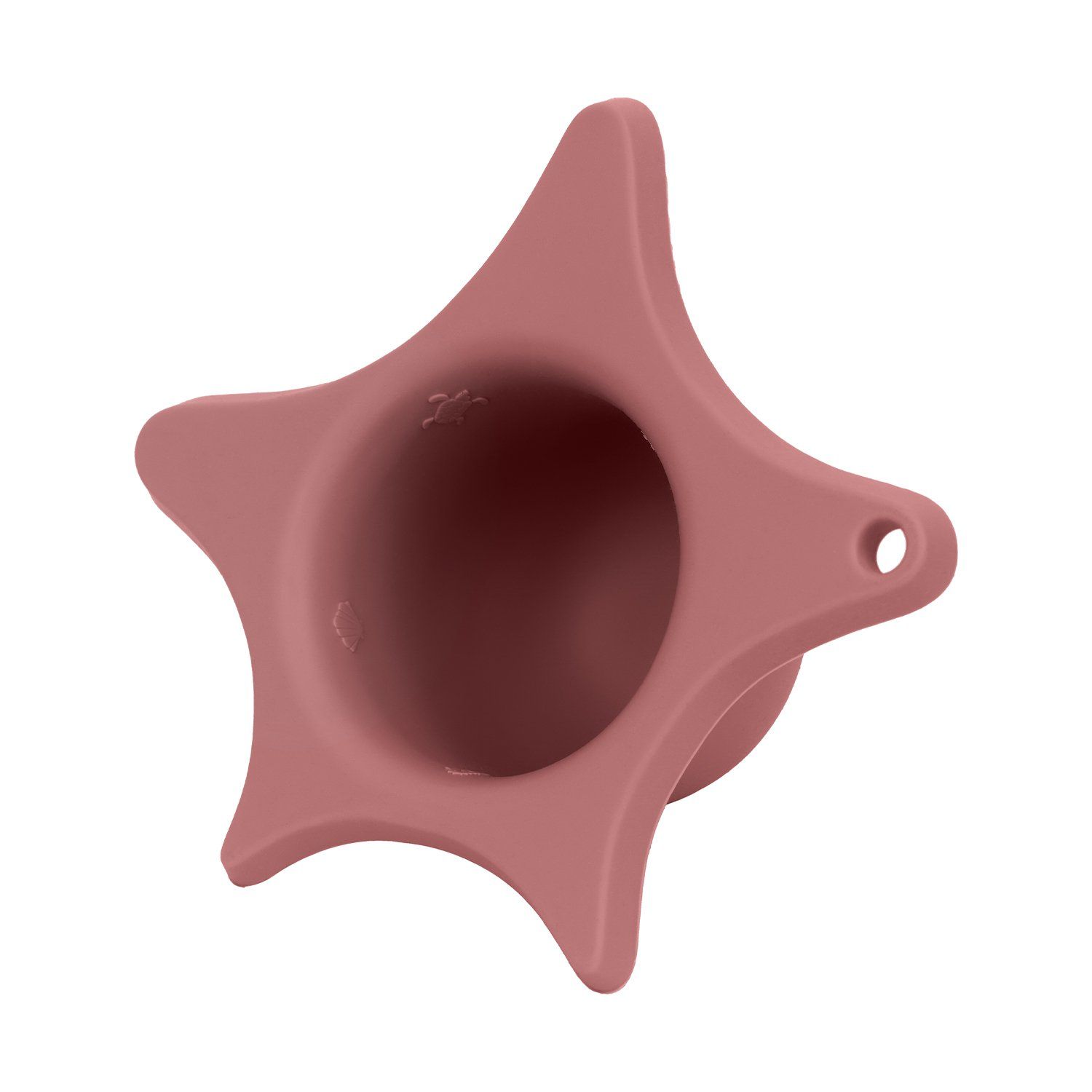Rosa Duschhilfe, von oben gesehen. Sternförmige Basis mit einem kreisförmigen Hohlraum in der Mitte und einem Loch.