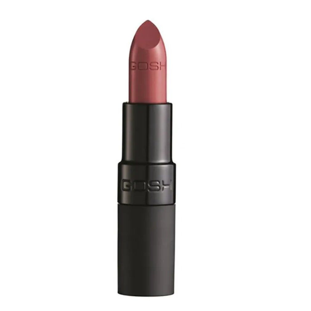 Gosh Velvet Touch Lippenstift, matt Cranberry. Schwarze Hülse, rosafarbener Lippenstift. Gosh-Logo.