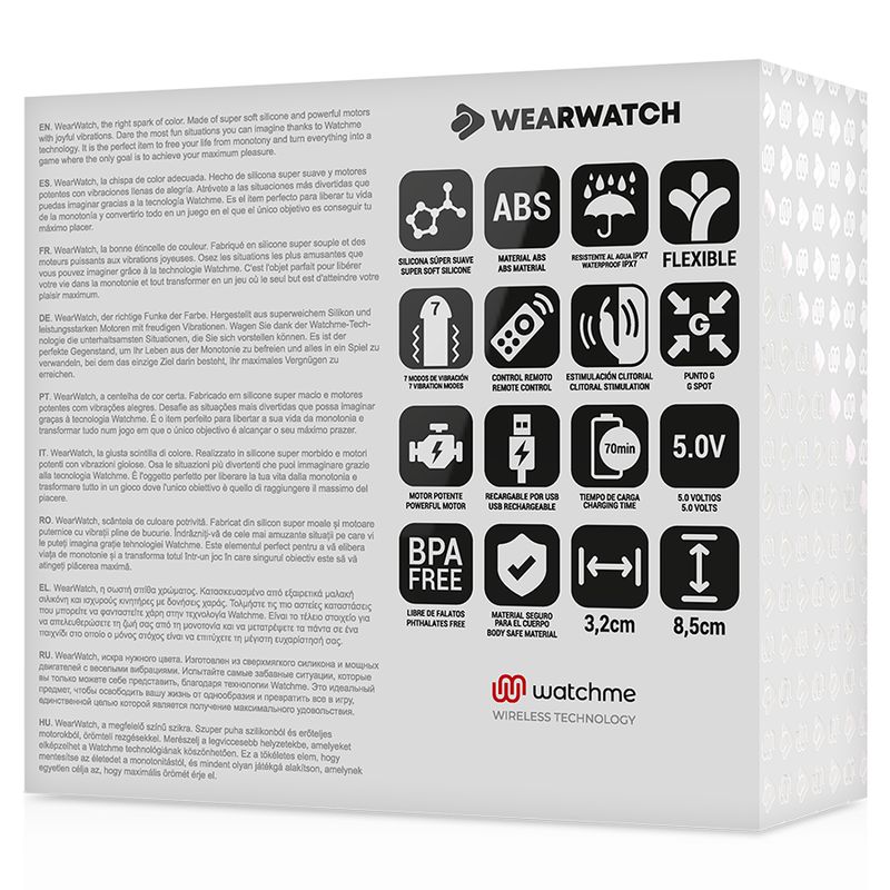 Verpackungsrückseite des Wearwatch mit Produktinformationen und Symbolen.