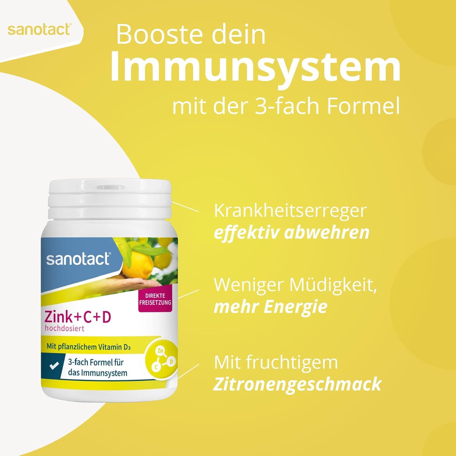 Weiße Flasche mit Zink+C+D hochdosiert. Text: Booste dein Immunsystem mit der 3-fach Formel. Mit fruchtigem Zitronengeschmack.