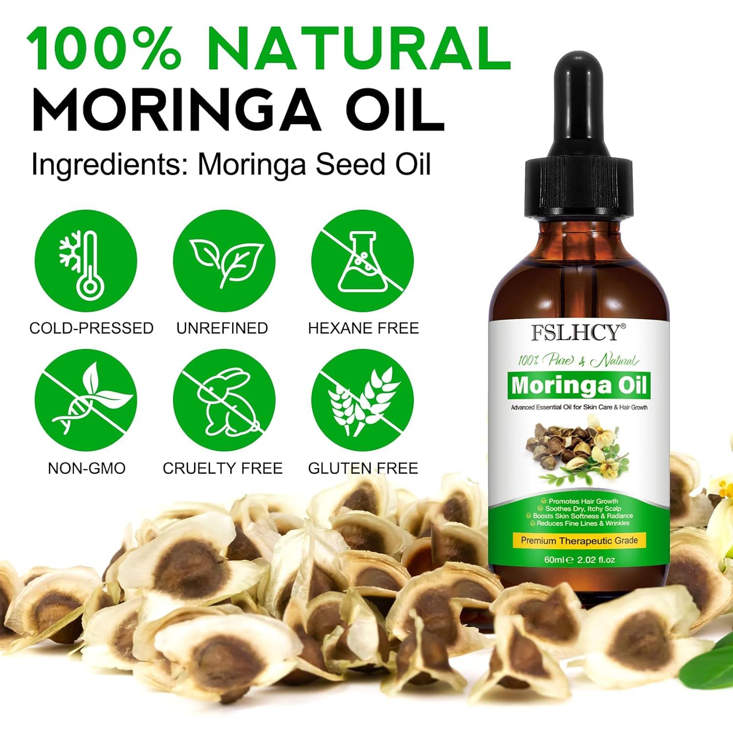 Braune Glasflasche mit Pipette, Moringa Öl, umgeben von Samen. Aufschrift: 100% Natural Moringa Oil.