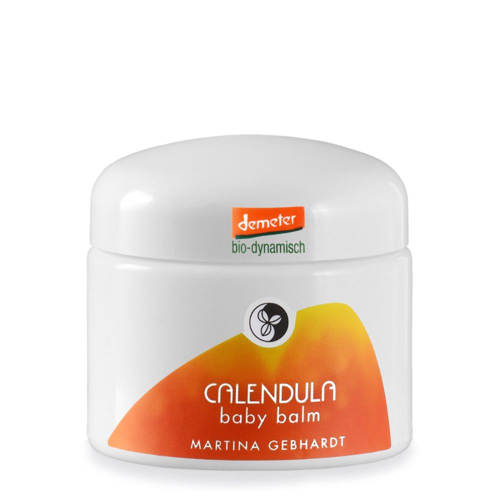 Weißes Tiegel mit Aufschrift 'Calendula Baby Balm' und 'Martina Gebhardt'. Demeter-Siegel.
