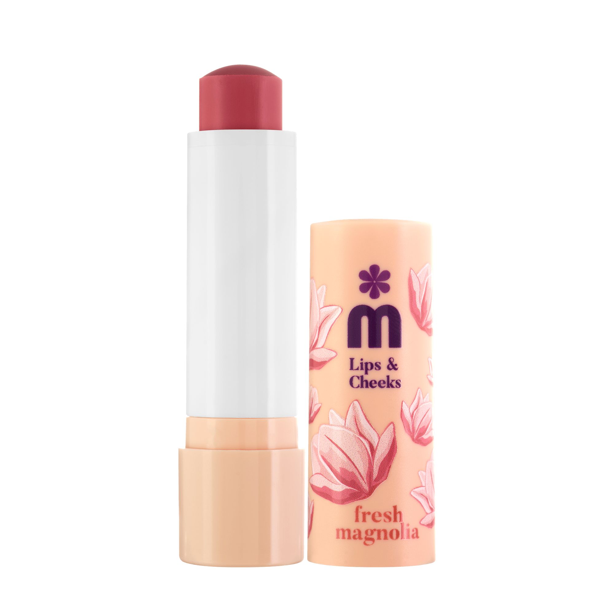 Lippen- und Wangenbalsam, geöffnet. Weißer Stift mit rosa Spitze. Beigefarbene Hülse mit Magnolia-Blüten. Text: Lips & Cheeks, fresh magnolia.