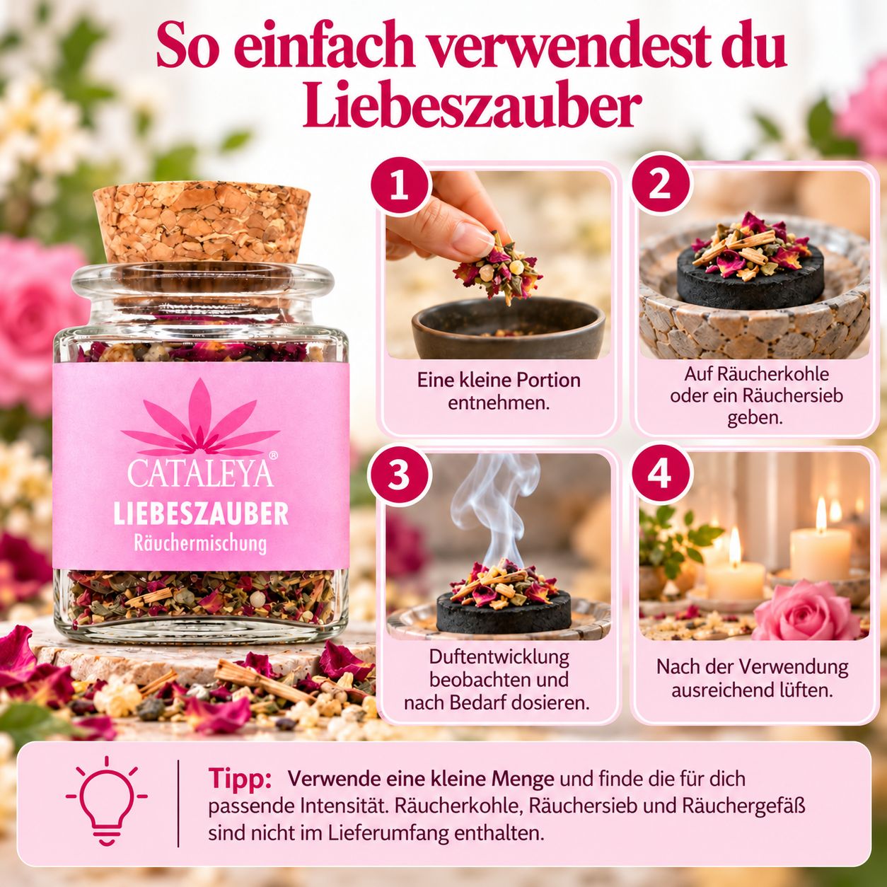 Glasflasche mit Räuchermischung 'Liebeszauber' von CATALEYA, mit Anleitung.