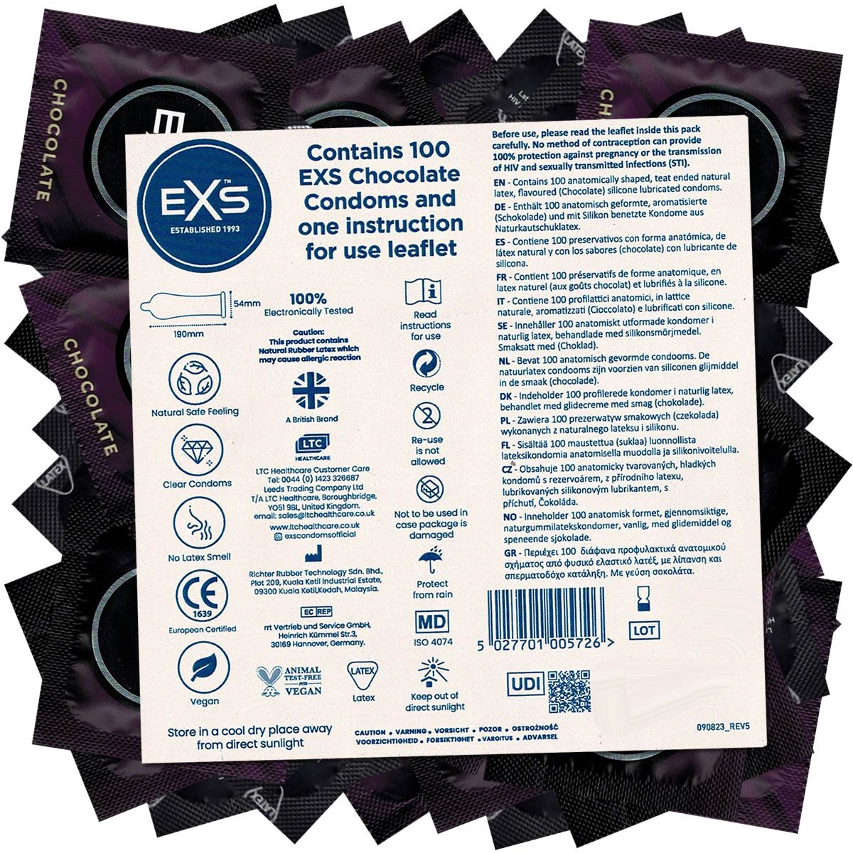 Verpackung mit 100 EXS Chocolate Kondomen. Enthält Gebrauchsanweisung. Mit CE-Kennzeichnung, vegan, und weiteren Zertifizierungen.