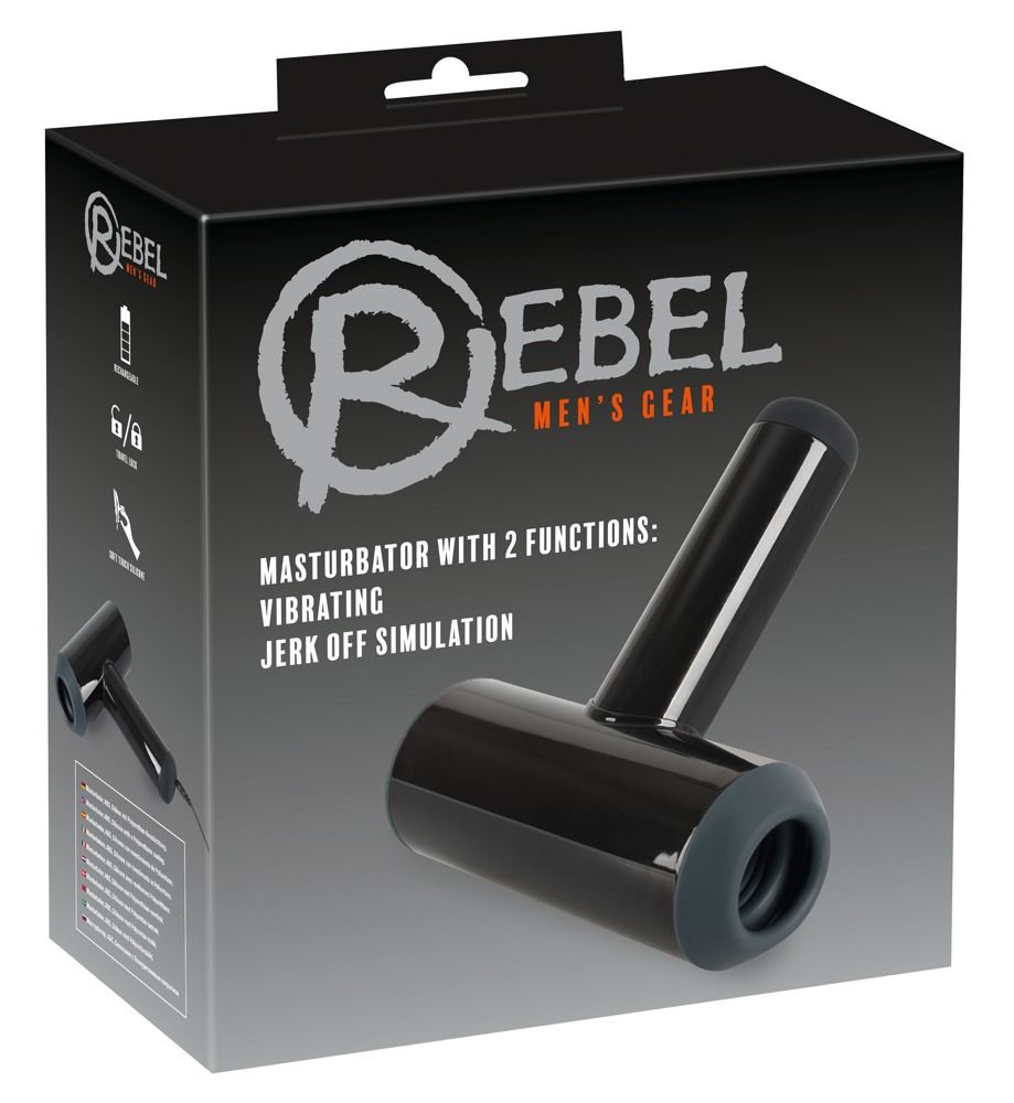 Produktverpackung: Schwarzer Karton mit Produktabbildung. Text: Rebel, Men's Gear, Masturbator mit 2 Funktionen.