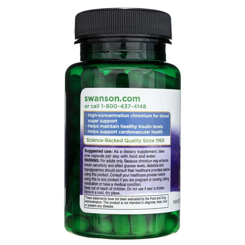 Rückseite der Flasche Swanson Chromium Picolinate mit Produktinformationen.